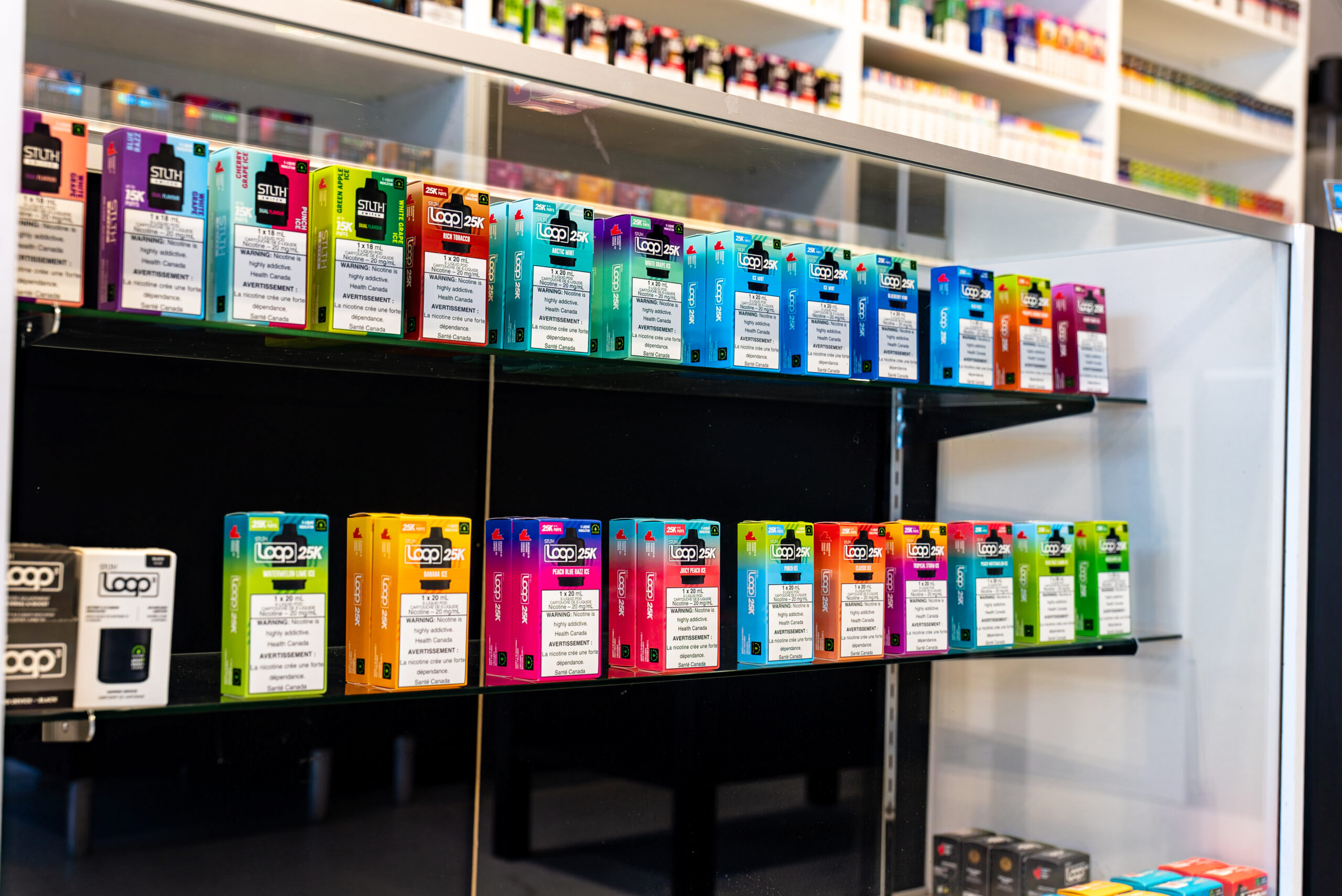 Display of disposable vapes at GTA Vapes Port Credit in Port Credit