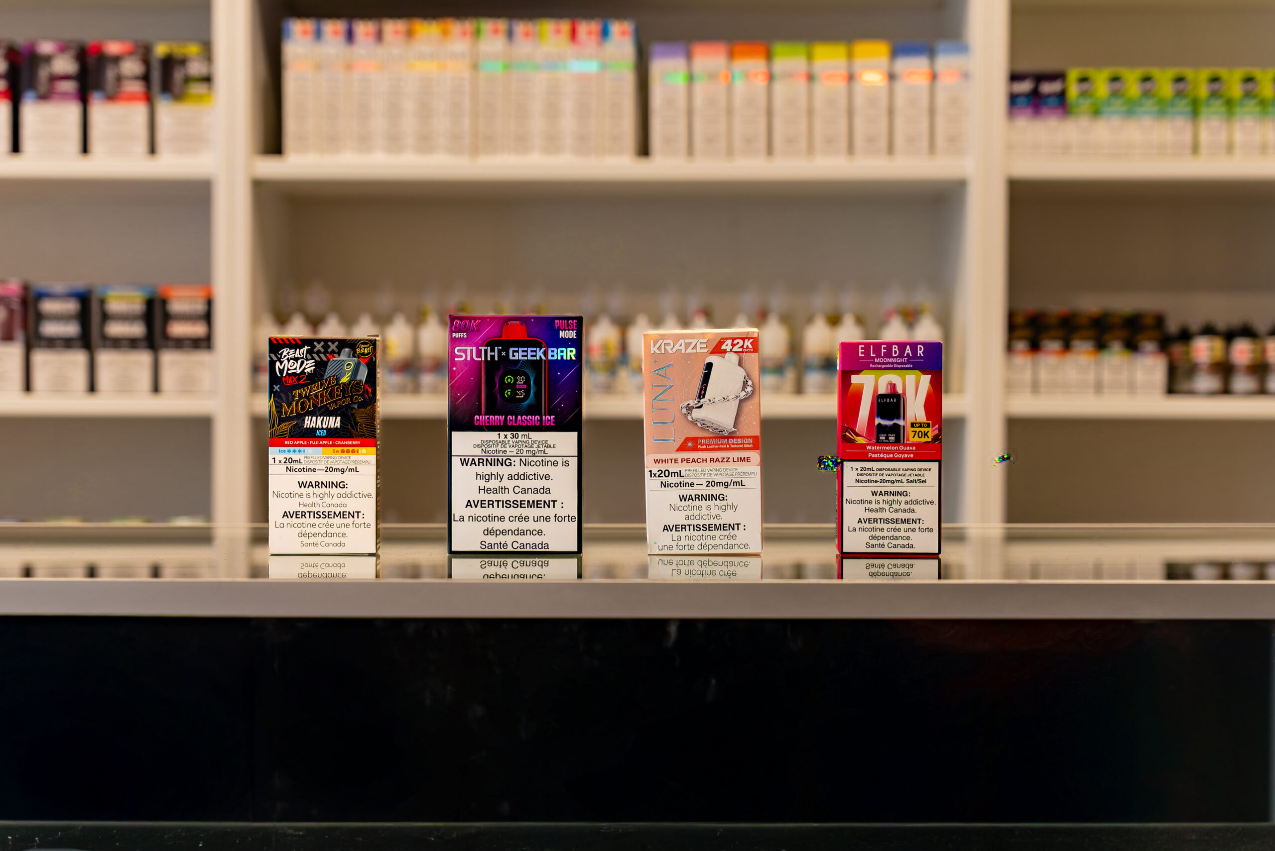 Close up of vape products including disposable vapes at GTA Vapes Port Credit in Port Credit