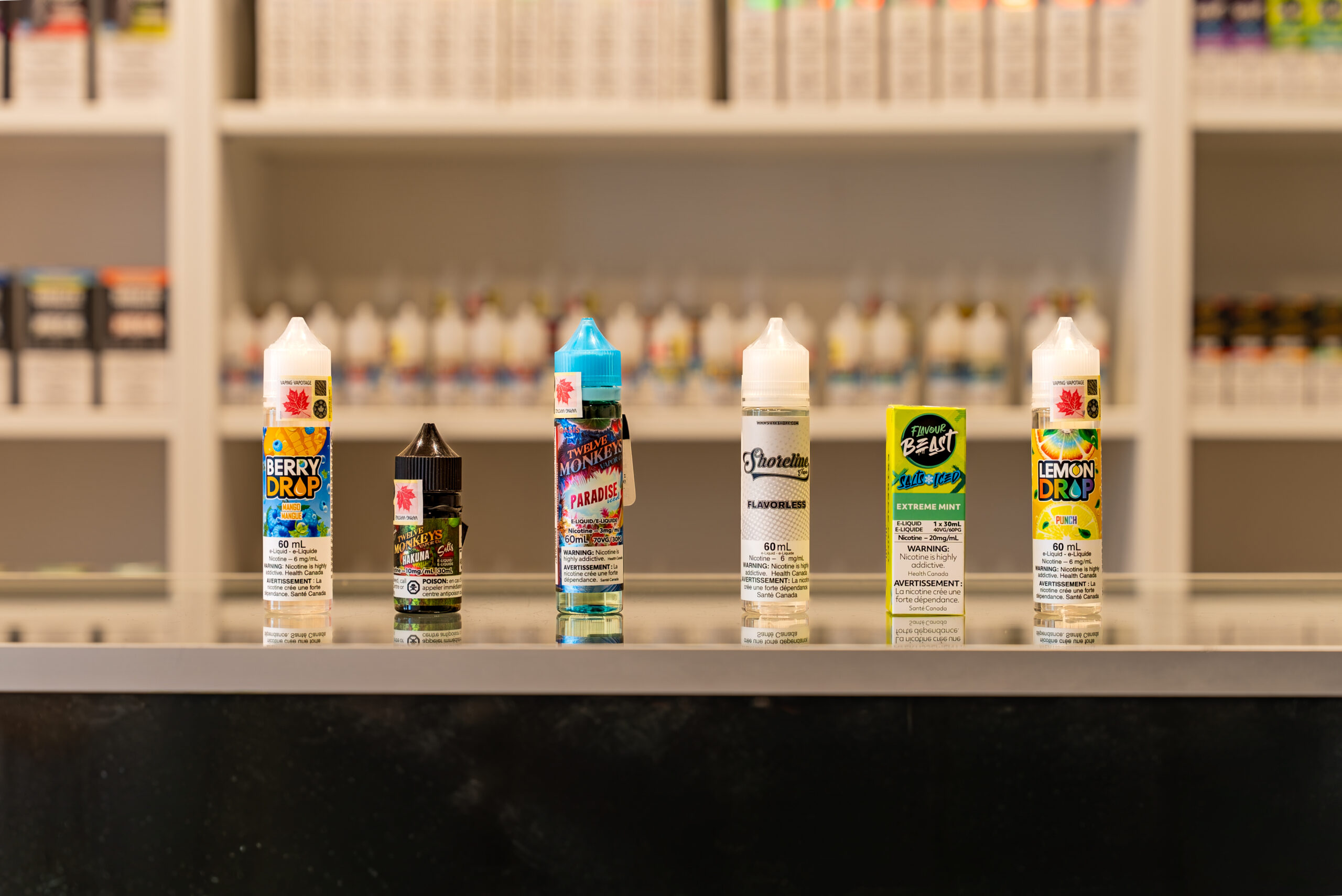 Close up of e-liquid bottles at GTA Vapes Port Credit in Port Credit